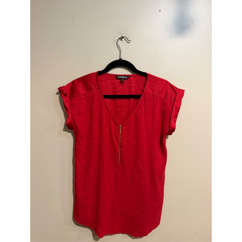 Express Red Short Sleeve V-Neck Gold Zip Front Cuffed Blouse Top Small
